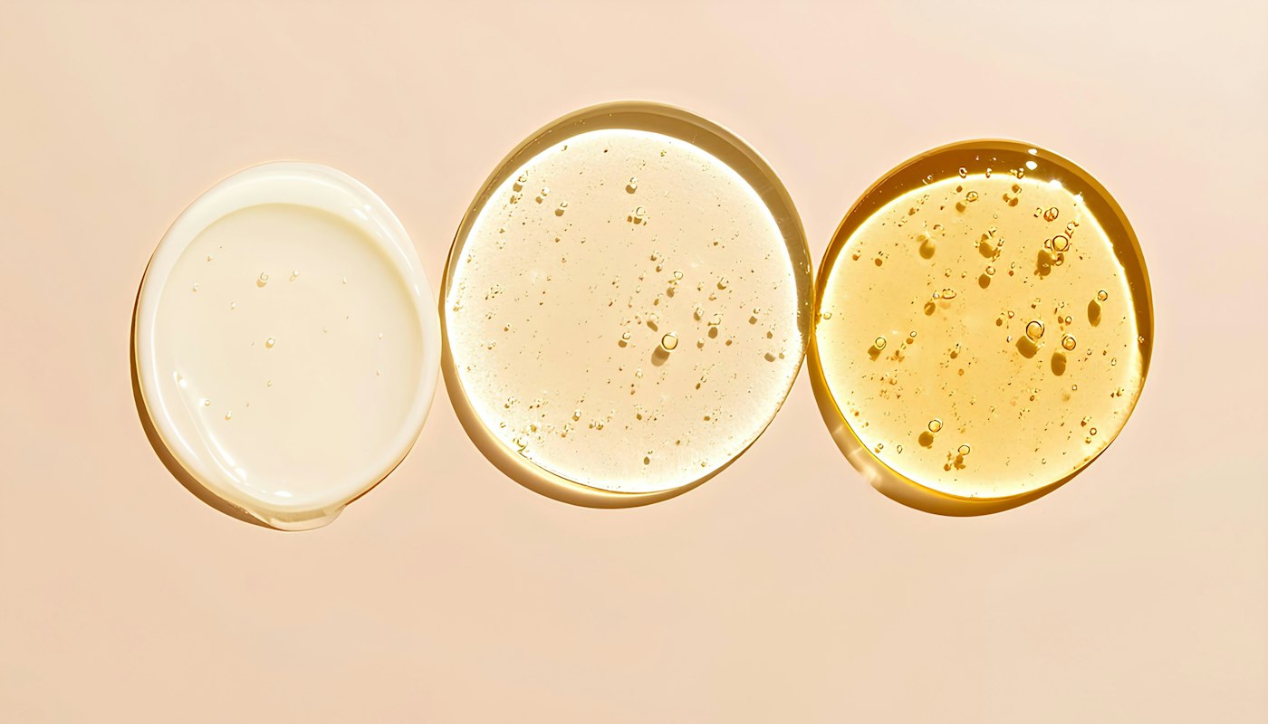 Swatches of cream, gel and golden oil textures